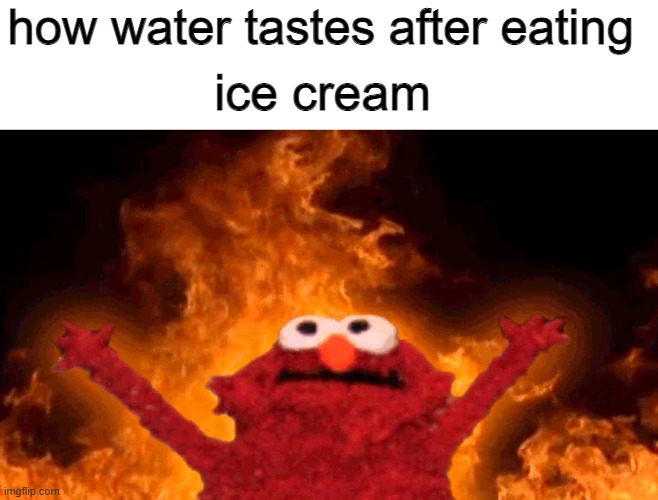 based on a true experience | how water tastes after eating; ice cream | image tagged in elmo fire,ice cream | made w/ Imgflip meme maker