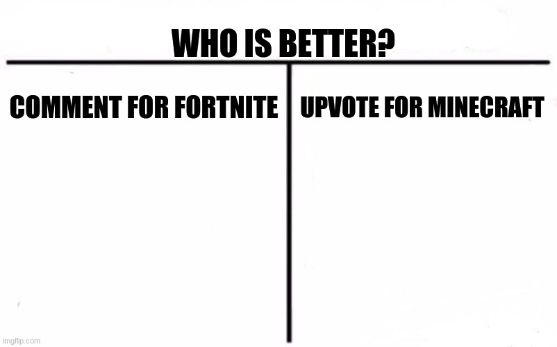 Who Would Win? | WHO IS BETTER? COMMENT FOR FORTNITE; UPVOTE FOR MINECRAFT | image tagged in memes,who would win | made w/ Imgflip meme maker