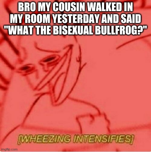 I CAN'T LMFAO- | BRO MY COUSIN WALKED IN MY ROOM YESTERDAY AND SAID "WHAT THE BISEXUAL BULLFROG?" | image tagged in wheeze | made w/ Imgflip meme maker