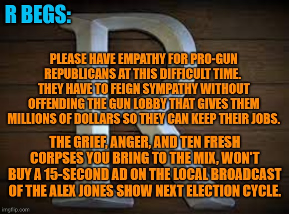 You Can't Buy My Love.  My Vote Is A Different Matter. | R BEGS:; PLEASE HAVE EMPATHY FOR PRO-GUN REPUBLICANS AT THIS DIFFICULT TIME.  THEY HAVE TO FEIGN SYMPATHY WITHOUT OFFENDING THE GUN LOBBY THAT GIVES THEM MILLIONS OF DOLLARS SO THEY CAN KEEP THEIR JOBS. THE GRIEF, ANGER, AND TEN FRESH CORPSES YOU BRING TO THE MIX, WON'T BUY A 15-SECOND AD ON THE LOCAL BROADCAST OF THE ALEX JONES SHOW NEXT ELECTION CYCLE. | image tagged in politics | made w/ Imgflip meme maker