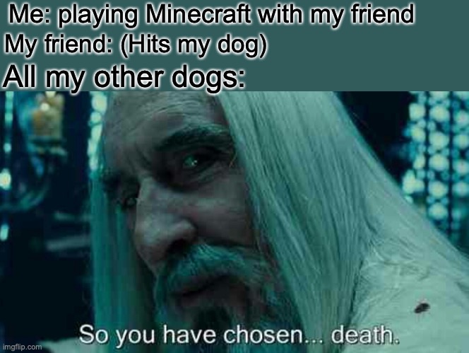 So you have chosen death | Me: playing Minecraft with my friend; My friend: (Hits my dog); All my other dogs: | image tagged in so you have chosen death | made w/ Imgflip meme maker