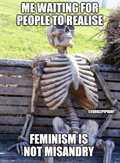 Waiting Skeleton Meme | ME WAITING FOR PEOPLE TO REALISE; @EQUALEPIPHANY; FEMINISM IS NOT MISANDRY | image tagged in memes,waiting skeleton | made w/ Imgflip meme maker