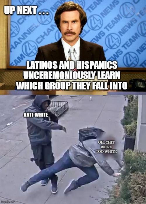 UP NEXT . . . LATINOS AND HISPANICS UNCEREMONIOUSLY LEARN WHICH GROUP THEY FALL INTO | image tagged in breaking news | made w/ Imgflip meme maker