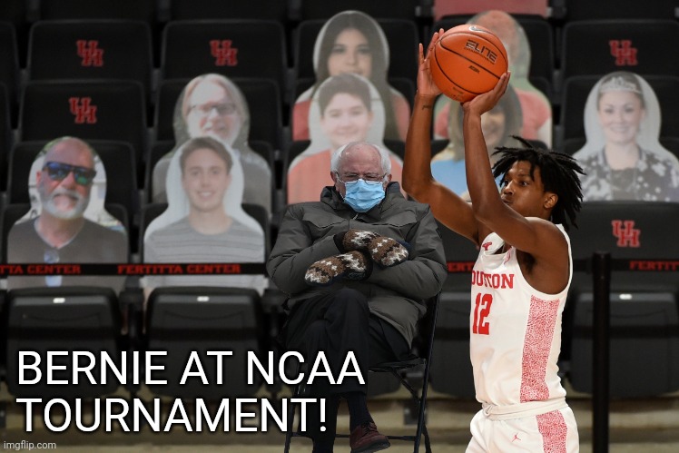 Bernie at March Madness! | BERNIE AT NCAA
TOURNAMENT! | image tagged in march madness,ncaa tournament,basketball,college,sports,bernie sanders | made w/ Imgflip meme maker