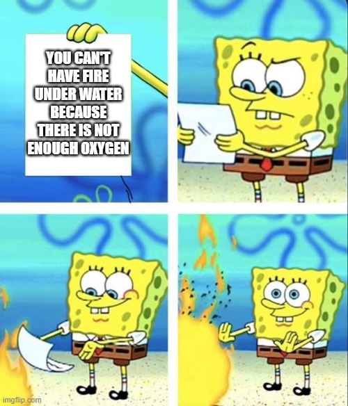 Spongebob yeet | YOU CAN'T HAVE FIRE UNDER WATER BECAUSE THERE IS NOT ENOUGH OXYGEN; THE FIRST PERSON TO SAY I'M STUPID IN CHAT WILL GET AN UPVOTE AND A FOLLOW | image tagged in spongebob yeet | made w/ Imgflip meme maker