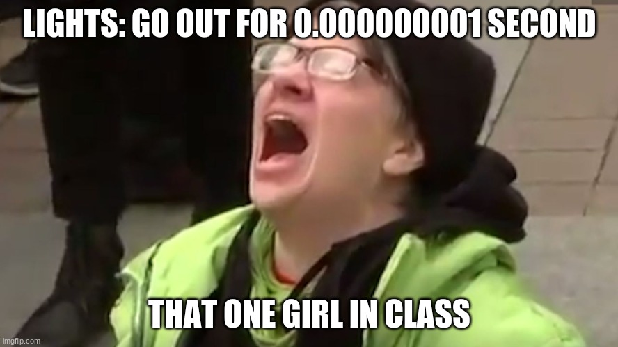 scream | LIGHTS: GO OUT FOR 0.000000001 SECOND; THAT ONE GIRL IN CLASS | image tagged in screaming liberal | made w/ Imgflip meme maker