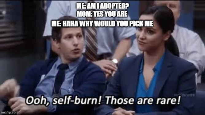 adopted | ME: AM I ADOPTED?
MOM: YES YOU ARE; ME: HAHA WHY WOULD YOU PICK ME | image tagged in ooh self-burn those are rare | made w/ Imgflip meme maker