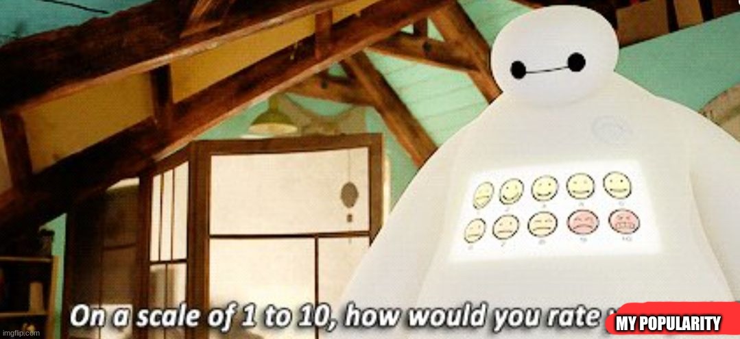 trend time | MY POPULARITY | image tagged in baymax on a scale of 1 to 10 | made w/ Imgflip meme maker