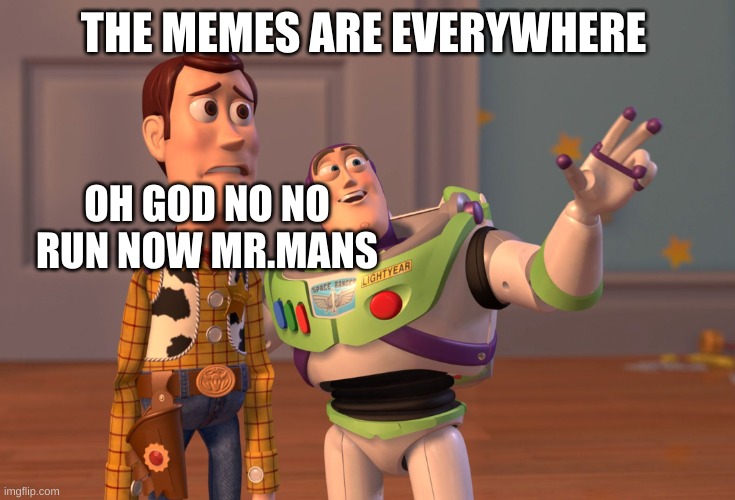 memes are everywere | THE MEMES ARE EVERYWHERE; OH GOD NO NO RUN NOW MR.MANS | image tagged in memes,x x everywhere | made w/ Imgflip meme maker