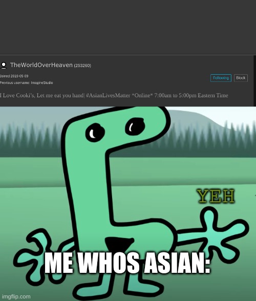 E | ME WHOS ASIAN: | image tagged in e,yeh | made w/ Imgflip meme maker