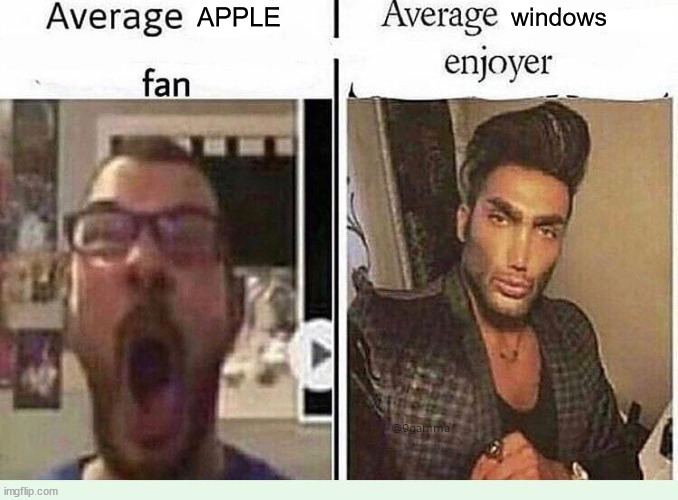 yos | APPLE; windows | image tagged in average blank fan vs average blank enjoyer | made w/ Imgflip meme maker