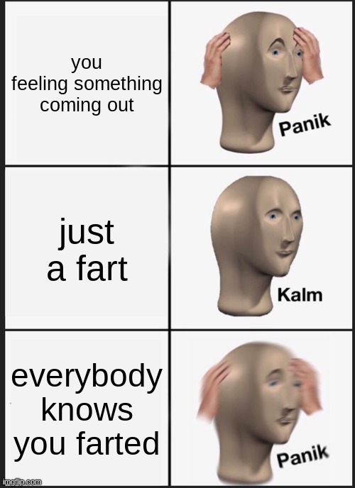 oh no... | you feeling something coming out; just a fart; everybody knows you farted | image tagged in memes,panik kalm panik | made w/ Imgflip meme maker