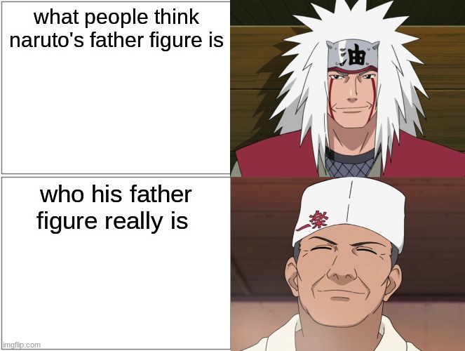 Tbh he has been there for naruto.. when he wanted ramen | what people think naruto's father figure is; who his father figure really is | image tagged in blank comic panel 2x2 | made w/ Imgflip meme maker