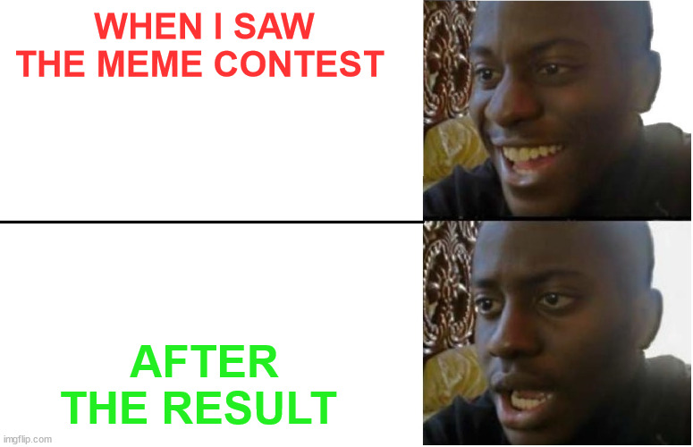 the meme contest | WHEN I SAW THE MEME CONTEST; AFTER THE RESULT | image tagged in meme,funny,crypto,hive,leo,cub | made w/ Imgflip meme maker