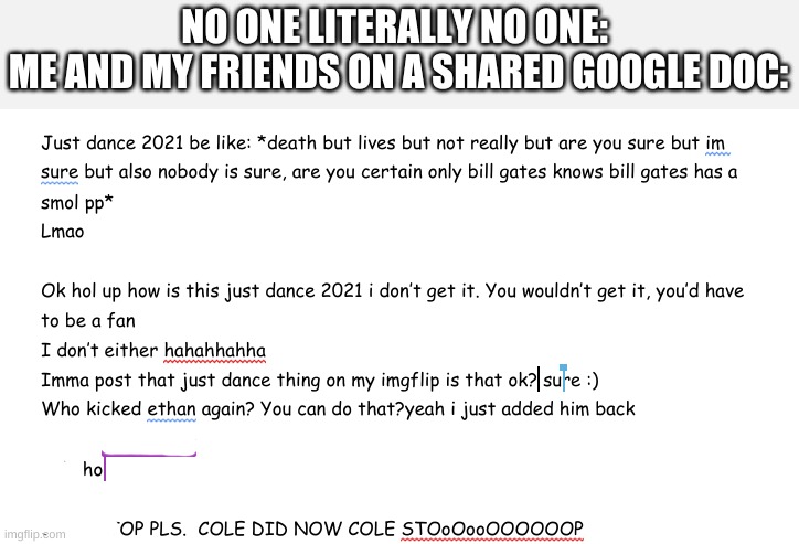 NO ONE LITERALLY NO ONE: 
ME AND MY FRIENDS ON A SHARED GOOGLE DOC: | made w/ Imgflip meme maker