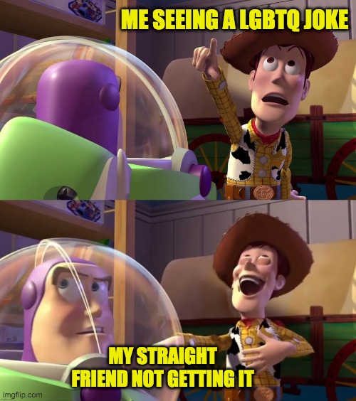 Toy Story funny scene | ME SEEING A LGBTQ JOKE; MY STRAIGHT FRIEND NOT GETTING IT | image tagged in toy story funny scene | made w/ Imgflip meme maker