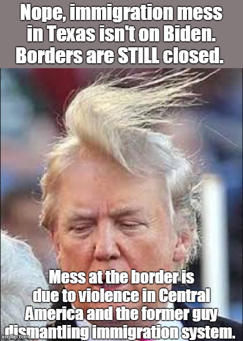 Trump made border mess and hair mess! | Nope, immigration mess in Texas isn't on Biden. Borders are STILL closed. Mess at the border is due to violence in Central America and the former guy dismantling immigration system. | image tagged in not biden,this is on trump,worked to sabotague biden,trump is biggest loser,stupid,it's a fact | made w/ Imgflip meme maker