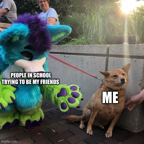 Me and my social anxieties | ME; PEOPLE IN SCHOOL TRYING TO BE MY FRIENDS | image tagged in dog afraid of furry | made w/ Imgflip meme maker