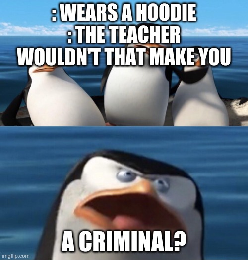 Wouldn't that make you | : WEARS A HOODIE
: THE TEACHER

WOULDN'T THAT MAKE YOU; A CRIMINAL? | image tagged in wouldn't that make you | made w/ Imgflip meme maker