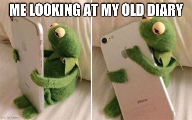 lol | ME LOOKING AT MY OLD DIARY | image tagged in kermit hugging phone | made w/ Imgflip meme maker