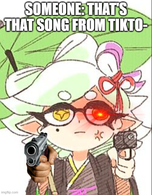 bee ruh |  SOMEONE: THAT'S THAT SONG FROM TIKTO- | image tagged in marie with a gun | made w/ Imgflip meme maker