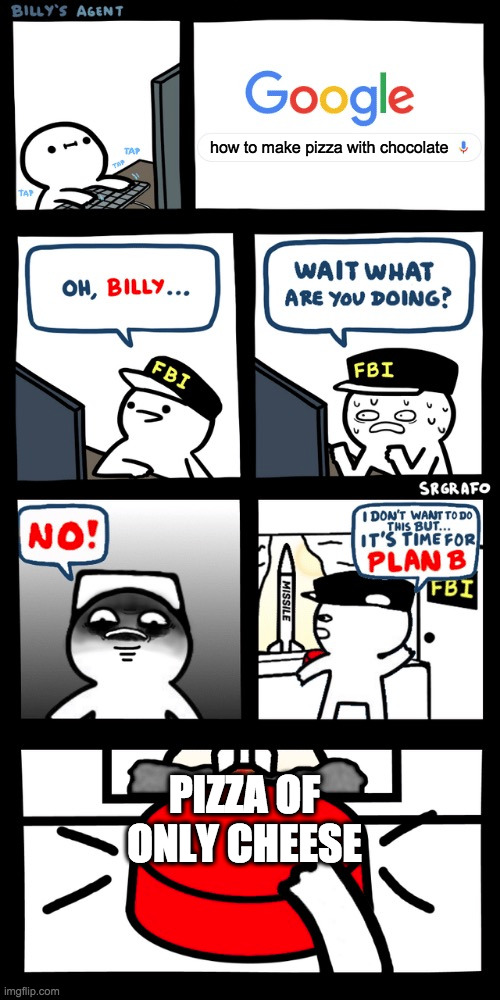 Billy’s FBI agent plan B | how to make pizza with chocolate; PIZZA OF ONLY CHEESE | image tagged in billy s fbi agent plan b | made w/ Imgflip meme maker