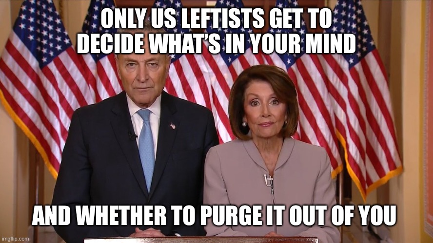 Chuck and Nancy | ONLY US LEFTISTS GET TO DECIDE WHAT’S IN YOUR MIND AND WHETHER TO PURGE IT OUT OF YOU | image tagged in chuck and nancy | made w/ Imgflip meme maker