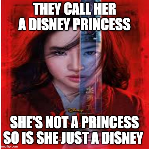 mulan is a disney | THEY CALL HER A DISNEY PRINCESS; SHE'S NOT A PRINCESS SO IS SHE JUST A DISNEY | image tagged in mulan | made w/ Imgflip meme maker