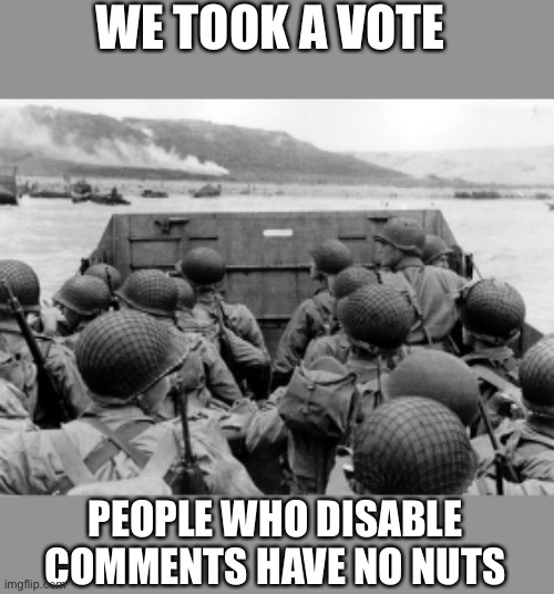 WWII | WE TOOK A VOTE PEOPLE WHO DISABLE COMMENTS HAVE NO NUTS | image tagged in wwii | made w/ Imgflip meme maker