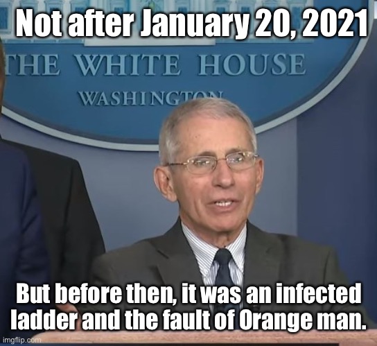 Dr Fauci | Not after January 20, 2021 But before then, it was an infected ladder and the fault of Orange man. | image tagged in dr fauci | made w/ Imgflip meme maker
