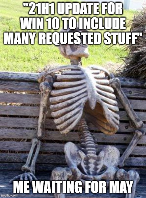 k | "21H1 UPDATE FOR WIN 10 TO INCLUDE MANY REQUESTED STUFF"; ME WAITING FOR MAY | image tagged in memes,waiting skeleton | made w/ Imgflip meme maker