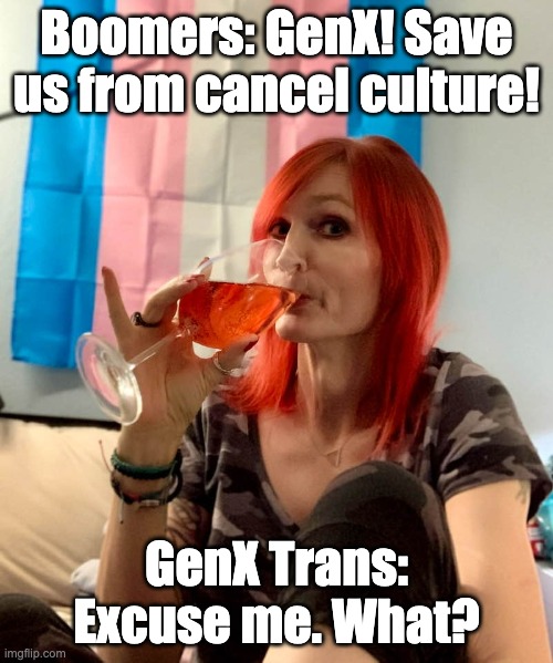 GenxTrans: Excuse me what? | Boomers: GenX! Save us from cancel culture! GenX Trans: Excuse me. What? | image tagged in memes,transgender,ok boomer,boomers,cancel culture | made w/ Imgflip meme maker