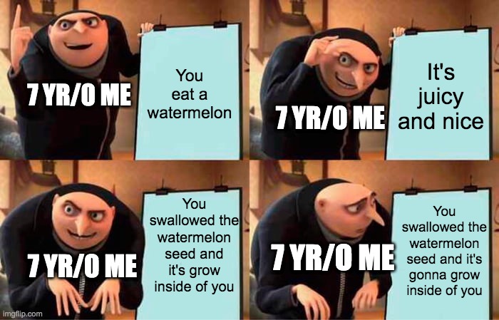 Gru's Plan | You eat a watermelon; It's juicy and nice; 7 YR/0 ME; 7 YR/0 ME; You swallowed the watermelon seed and it's grow inside of you; You swallowed the watermelon seed and it's gonna grow inside of you; 7 YR/O ME; 7 YR/0 ME | image tagged in memes,gru's plan | made w/ Imgflip meme maker