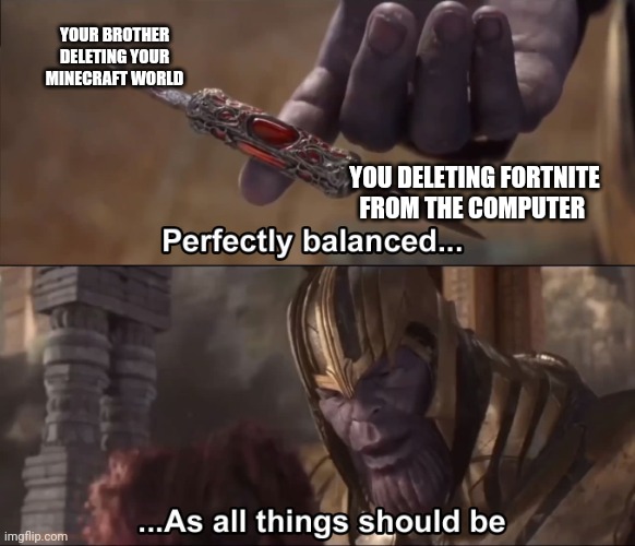 Thanos perfectly balanced as all things should be | YOUR BROTHER DELETING YOUR MINECRAFT WORLD; YOU DELETING FORTNITE FROM THE COMPUTER | image tagged in thanos perfectly balanced as all things should be | made w/ Imgflip meme maker