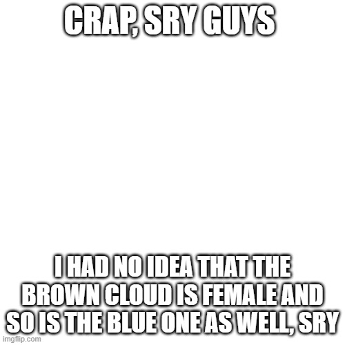 Blank Transparent Square | CRAP, SRY GUYS; I HAD NO IDEA THAT THE BROWN CLOUD IS FEMALE AND SO IS THE BLUE ONE AS WELL, SRY | image tagged in memes,blank transparent square | made w/ Imgflip meme maker