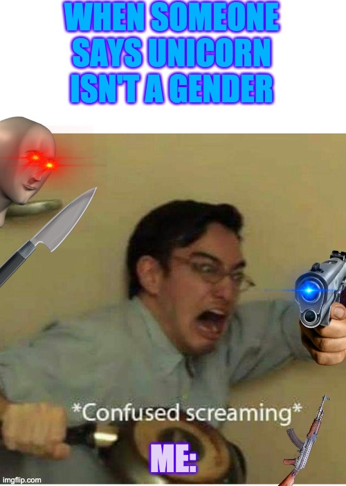 Im confused...it isnt? | WHEN SOMEONE SAYS UNICORN ISN'T A GENDER; ME: | image tagged in confused screaming | made w/ Imgflip meme maker