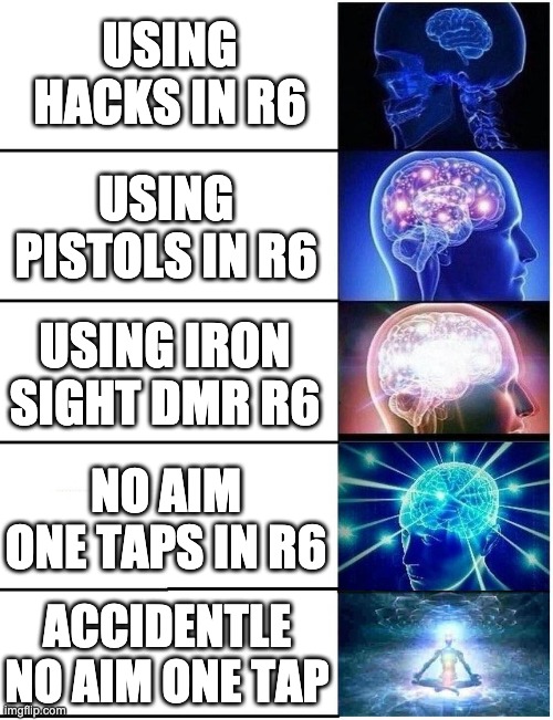 Expanding Brain 5 Panel | USING HACKS IN R6; USING PISTOLS IN R6; USING IRON SIGHT DMR R6; NO AIM ONE TAPS IN R6; ACCIDENTLE NO AIM ONE TAP | image tagged in expanding brain 5 panel | made w/ Imgflip meme maker