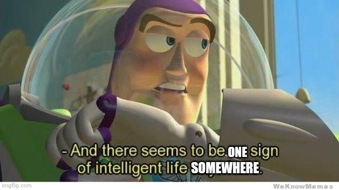 Buzz lightyear no intelligent life | ONE SOMEWHERE | image tagged in buzz lightyear no intelligent life | made w/ Imgflip meme maker