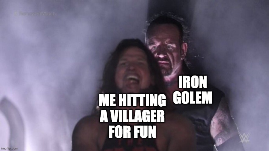 AJ Styles & Undertaker | IRON GOLEM; ME HITTING A VILLAGER FOR FUN | image tagged in aj styles undertaker | made w/ Imgflip meme maker