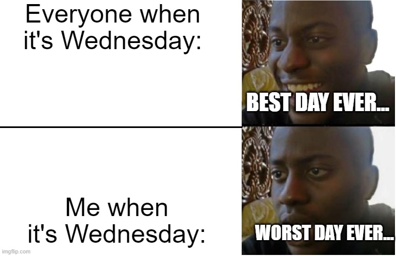 Wednesdays for everyone or me | Everyone when it's Wednesday:; BEST DAY EVER... Me when it's Wednesday:; WORST DAY EVER... | image tagged in disappointed black guy | made w/ Imgflip meme maker
