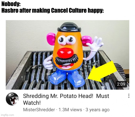Stupid Cancel Culture. | Nobody:
Hasbro after making Cancel Culture happy: | image tagged in mr potato head,hasbro,cancel culture,memes | made w/ Imgflip meme maker