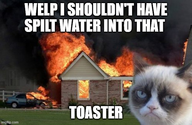 Burn Kitty Meme | WELP I SHOULDN'T HAVE SPILT WATER INTO THAT; TOASTER | image tagged in memes,burn kitty,grumpy cat | made w/ Imgflip meme maker