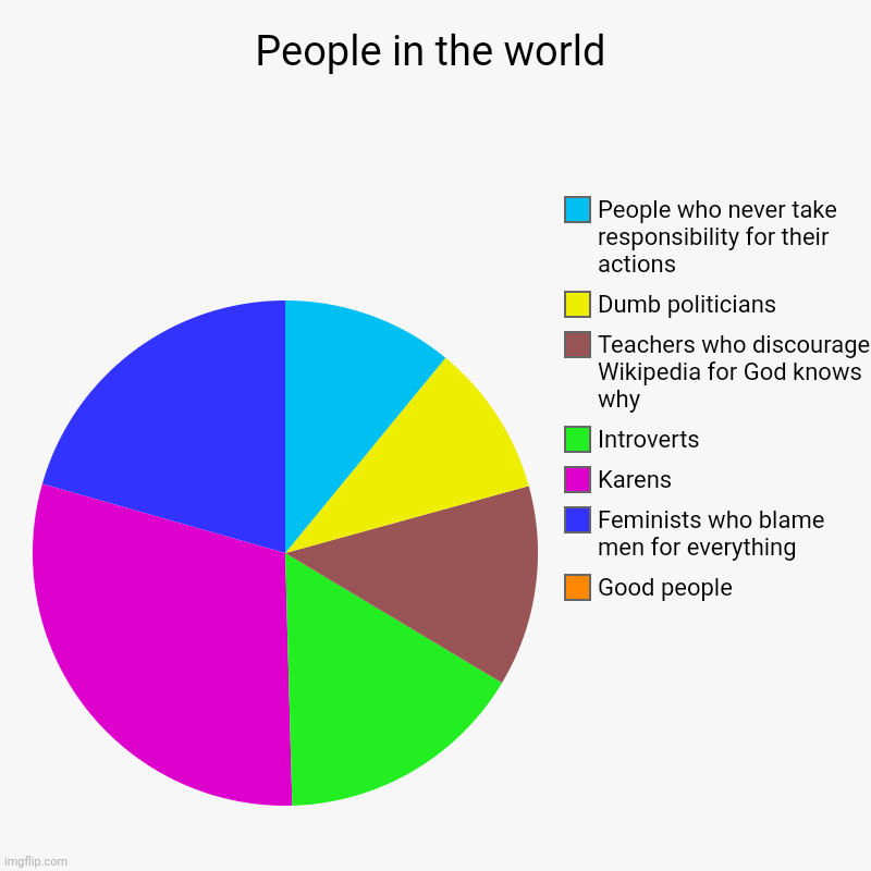 People in the world | Good people, Feminists who blame men for everything, Karens, Introverts, Teachers who discourage Wikipedia for God kno | image tagged in charts,pie charts | made w/ Imgflip chart maker