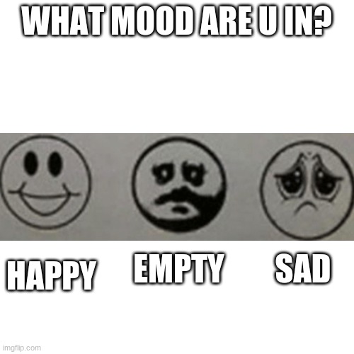 Blank Transparent Square Meme | WHAT MOOD ARE U IN? HAPPY SAD EMPTY | image tagged in memes,blank transparent square | made w/ Imgflip meme maker