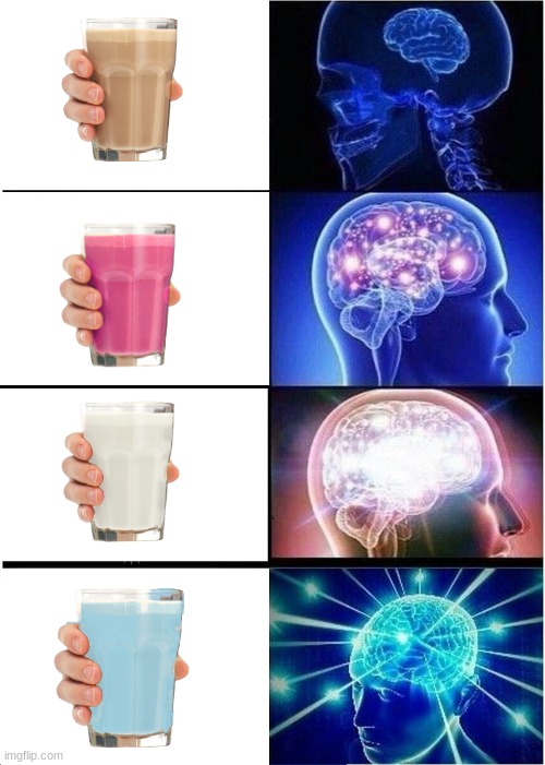 omg, another new milk? | image tagged in memes,expanding brain,choccy milk,straby milk,vanilla | made w/ Imgflip meme maker
