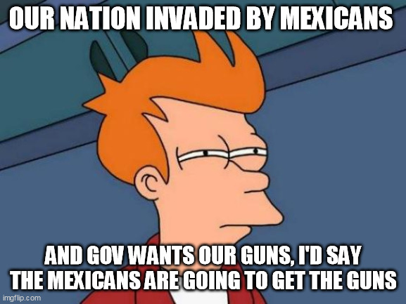 Futurama Fry | OUR NATION INVADED BY MEXICANS; AND GOV WANTS OUR GUNS, I'D SAY THE MEXICANS ARE GOING TO GET THE GUNS | image tagged in memes,futurama fry | made w/ Imgflip meme maker