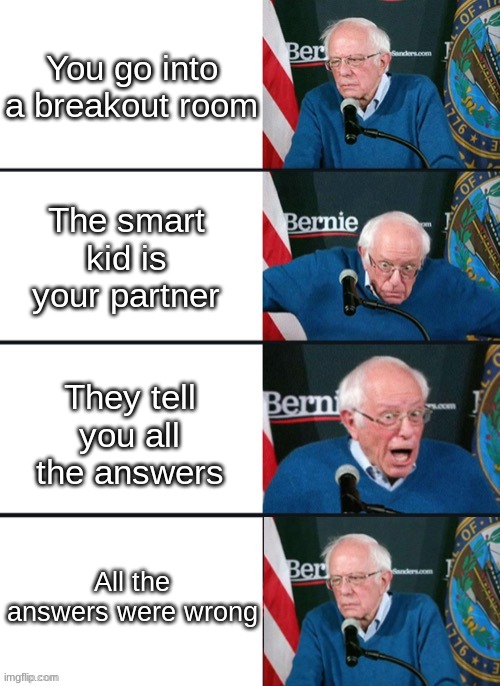 COME ON! | You go into a breakout room; The smart kid is your partner; They tell you all the answers; All the answers were wrong | image tagged in bernie sanders reaction changed | made w/ Imgflip meme maker