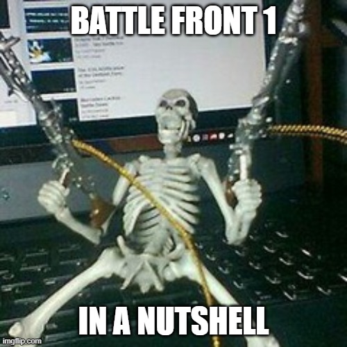 skeleton with guns | BATTLE FRONT 1; IN A NUTSHELL | image tagged in skeleton with guns,battlefront 1,you should try it,hey mod | made w/ Imgflip meme maker