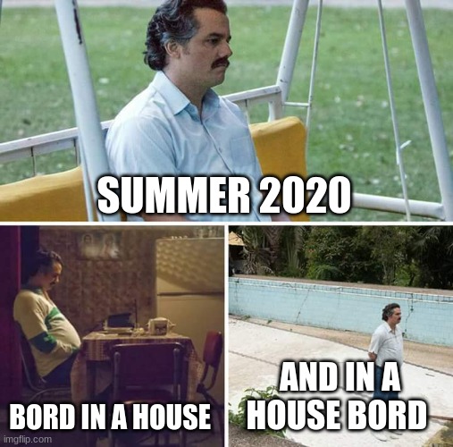 2020 be like... | SUMMER 2020; BORD IN A HOUSE; AND IN A HOUSE BORD | image tagged in memes,sad pablo escobar | made w/ Imgflip meme maker