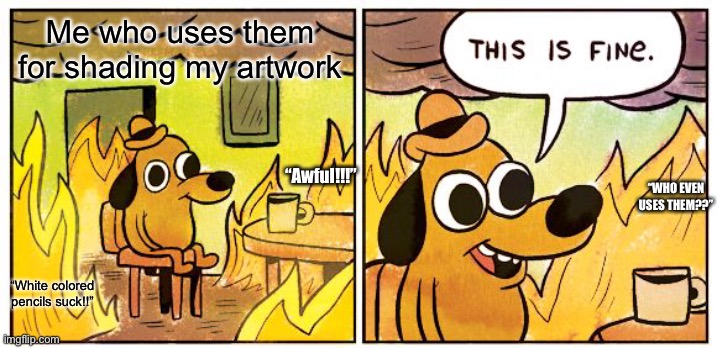 Me who uses them for shading my artwork “White colored pencils suck!!” “WHO EVEN USES THEM??” “Awful!!!” | image tagged in memes,this is fine | made w/ Imgflip meme maker